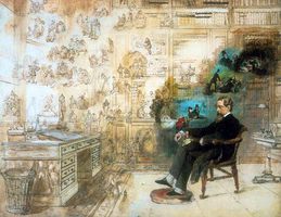 "Сон Диккенса" кисти Роберта Уильяма Басса. Диккенс изображён в своём кабинете в Гэдсхилл Плэйс