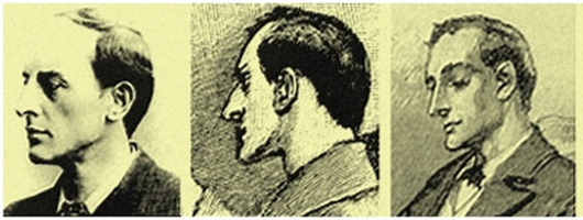 Слева — Уолтер Пэджет, в середине и справа — Шерлок Холмс в исполнении Сидни Пэджета