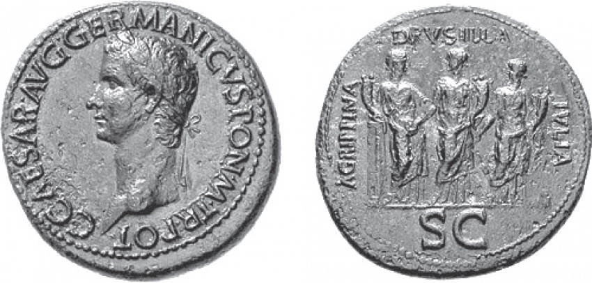 Сестерций времен правления Калигулы с портретом его сестер на реверсе. Ливилла справа.